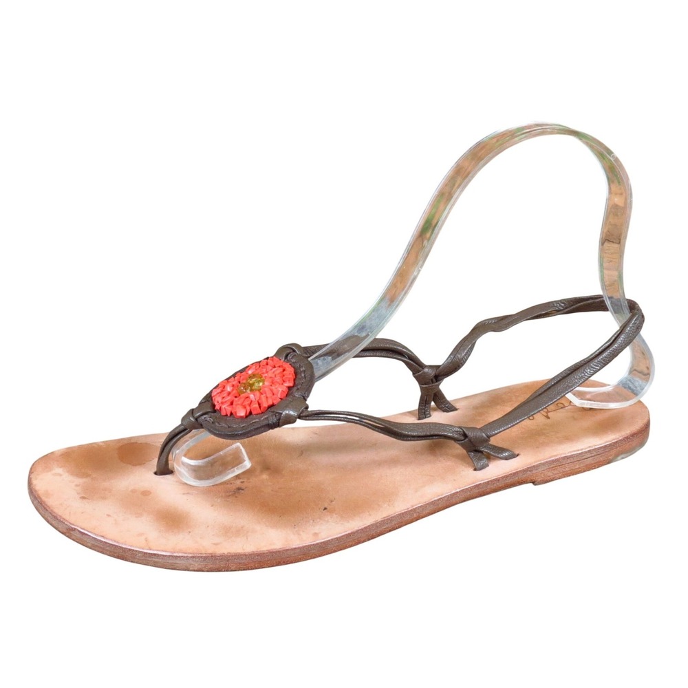 Boden Women T-Strap Sandal Size 40 Casual Summer Flat Brown Red Leather Floral